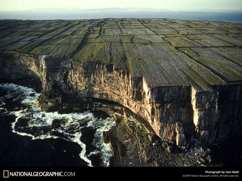 Aerial view of Inisheer's farmland cliffs.