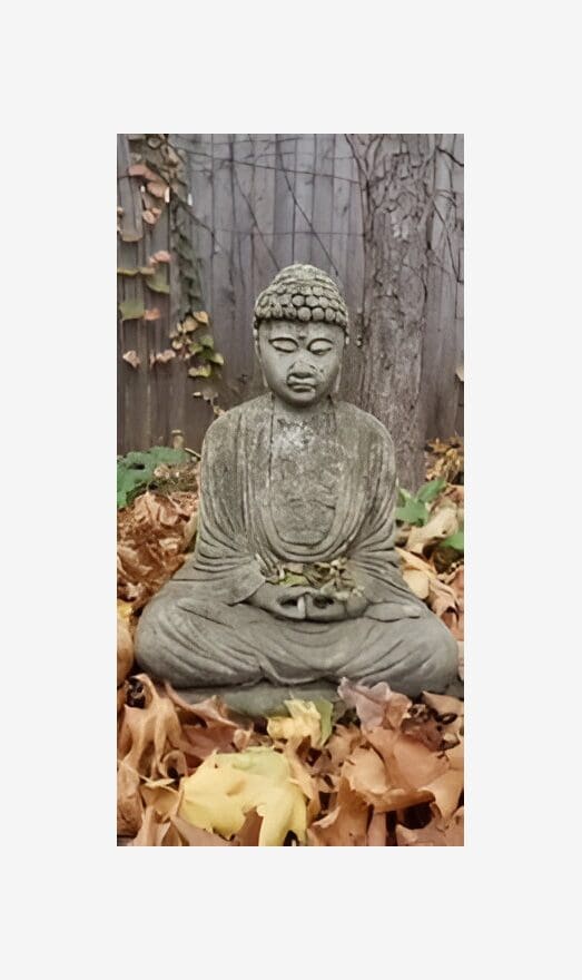 Stone Buddha statue amidst autumn leaves.